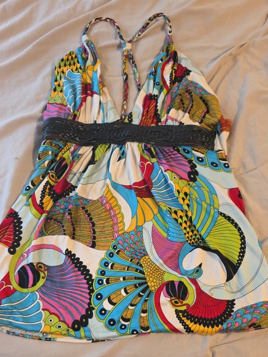 Sky Tops - Sky Multicolor Printed Halter Bodysuit with Braided Black Waist